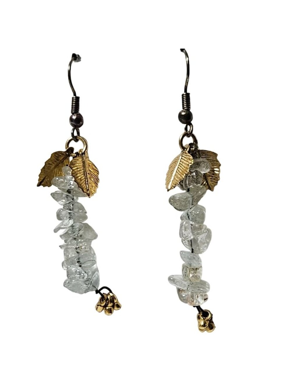 Handcrafted Quartz Dangle Earrings Chip Gold Tone Leaf Accents Boho Jewelry
